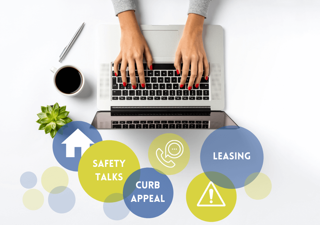 Woman typing on a laptop with the words safety talks,curb appeal, and leasing floating around