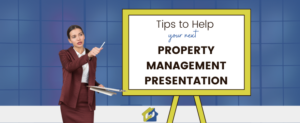 A woman standing in front of a whiteboard shring tips to help with your next property management presentation.