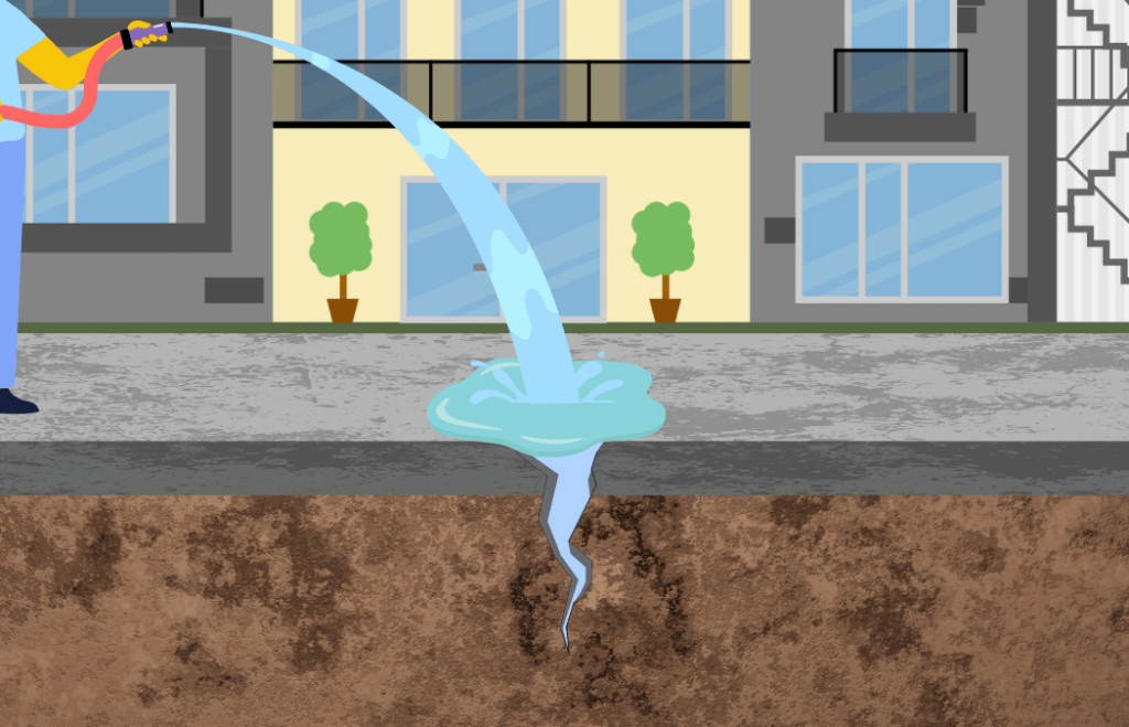 Water from a hose begins to break down the foundation of a sidwalk illustrating the effect sexual harassment has in the workplace