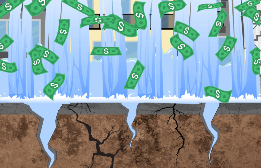 Money falling over Niagara Falls showing the loss of revenue that a company experiences due to sexual harassment 