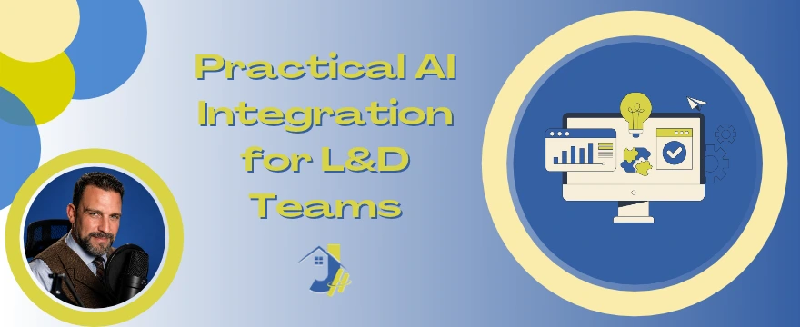 A promotional banner titled "Practical AI Integration for L&D Teams" featuring a circular headshot of Jonathan Saar with a microphone on the left and an illustration of a computer screen displaying data charts, a light bulb, and a paper airplane on the right.